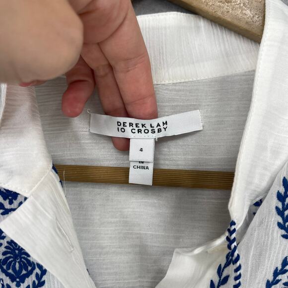 Derek Lam 10 Crosby Blouse Sz 4 White Blue Ailani Embroidered Sheer Coastal Chic - Picture 2 of 9